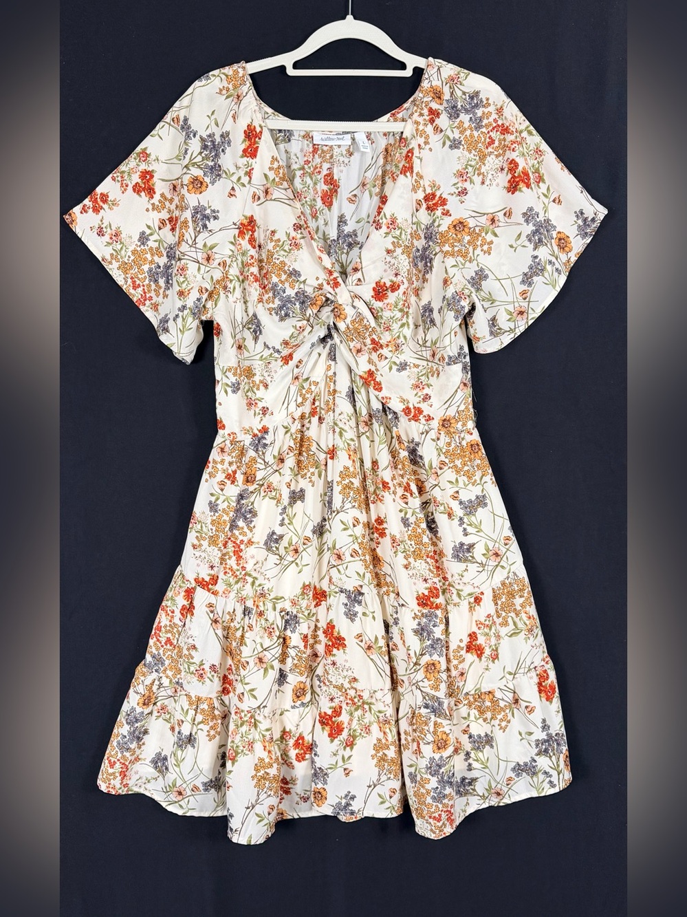 Willow-Root Dress Cream Floral Twist-Front Midi V-neck twisted front Lined